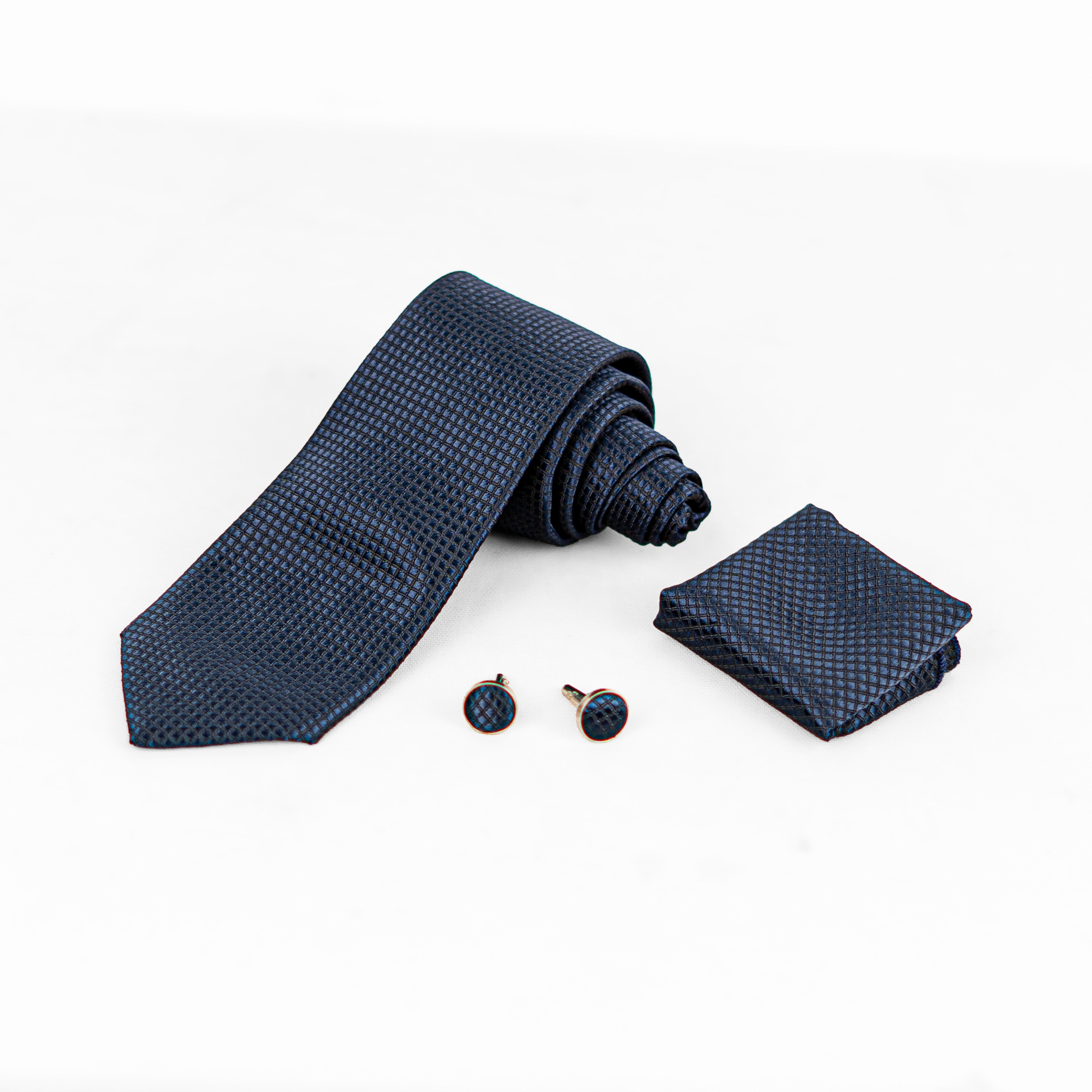 Lyxig Marinblå Texturerad Slips & Manschettknappar – Presentbox (3-delar)