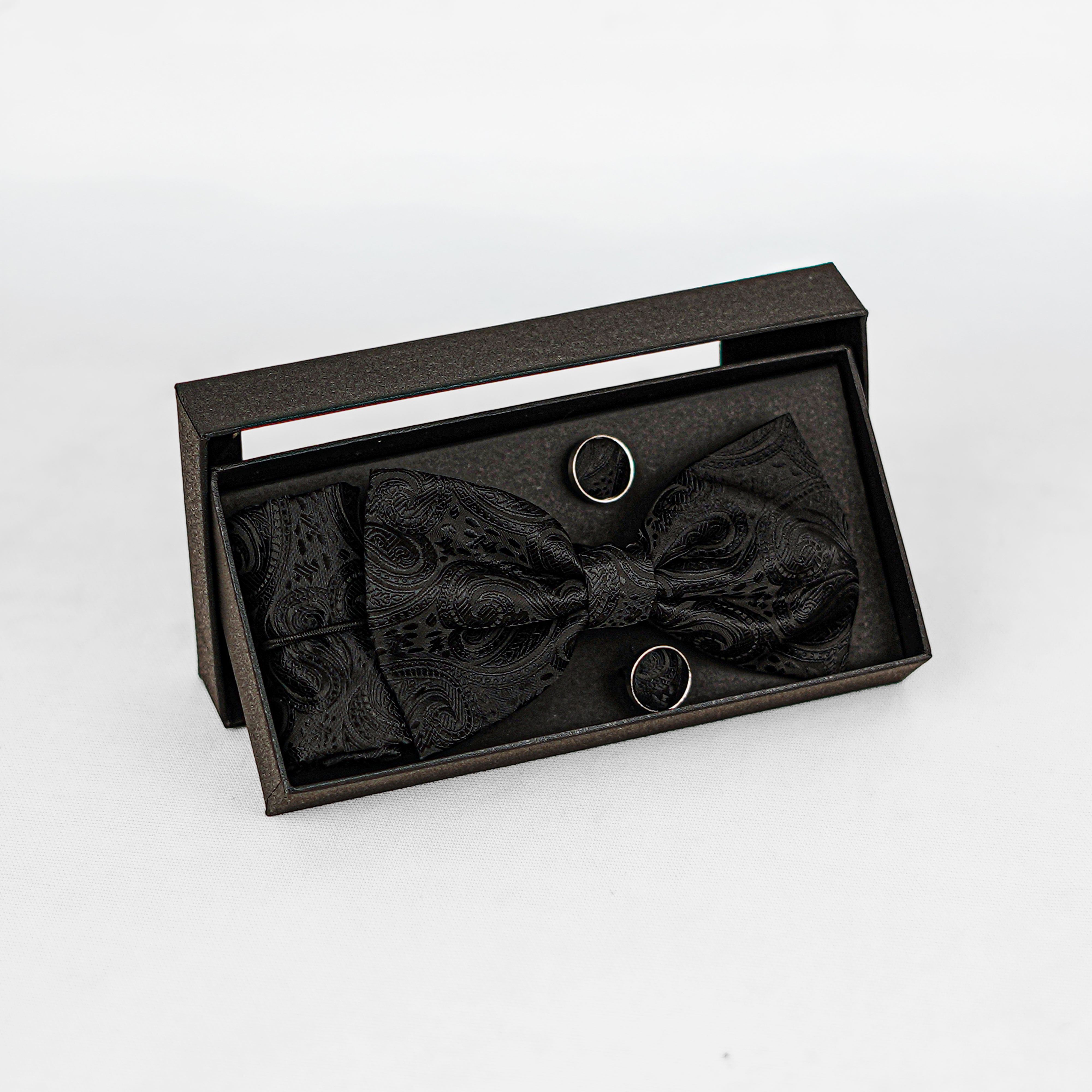 Lyxig Svart Paisley Fluga & Manschettknappar – Presentbox (3-delar)