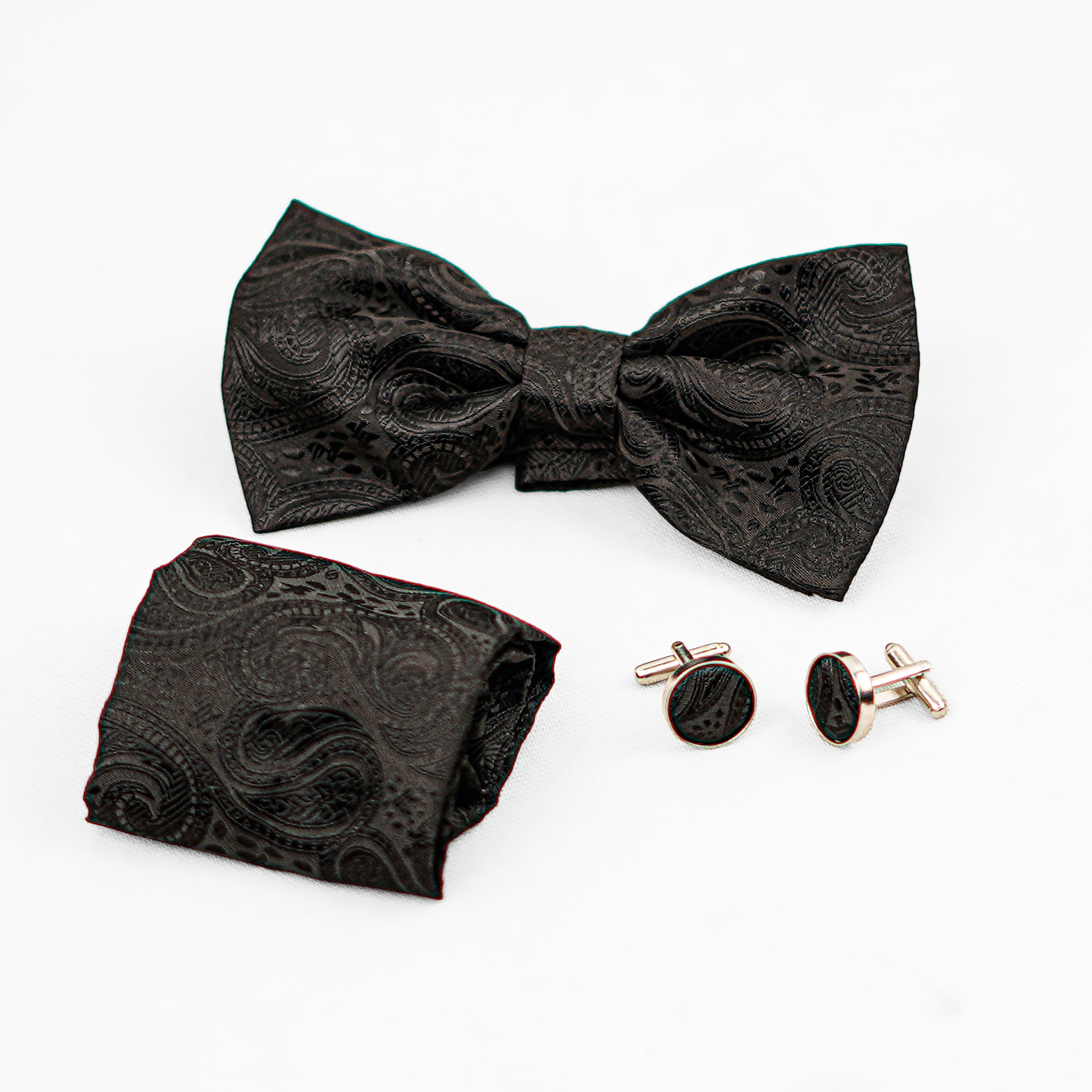 Lyxig Svart Paisley Fluga & Manschettknappar – Presentbox (3-delar)