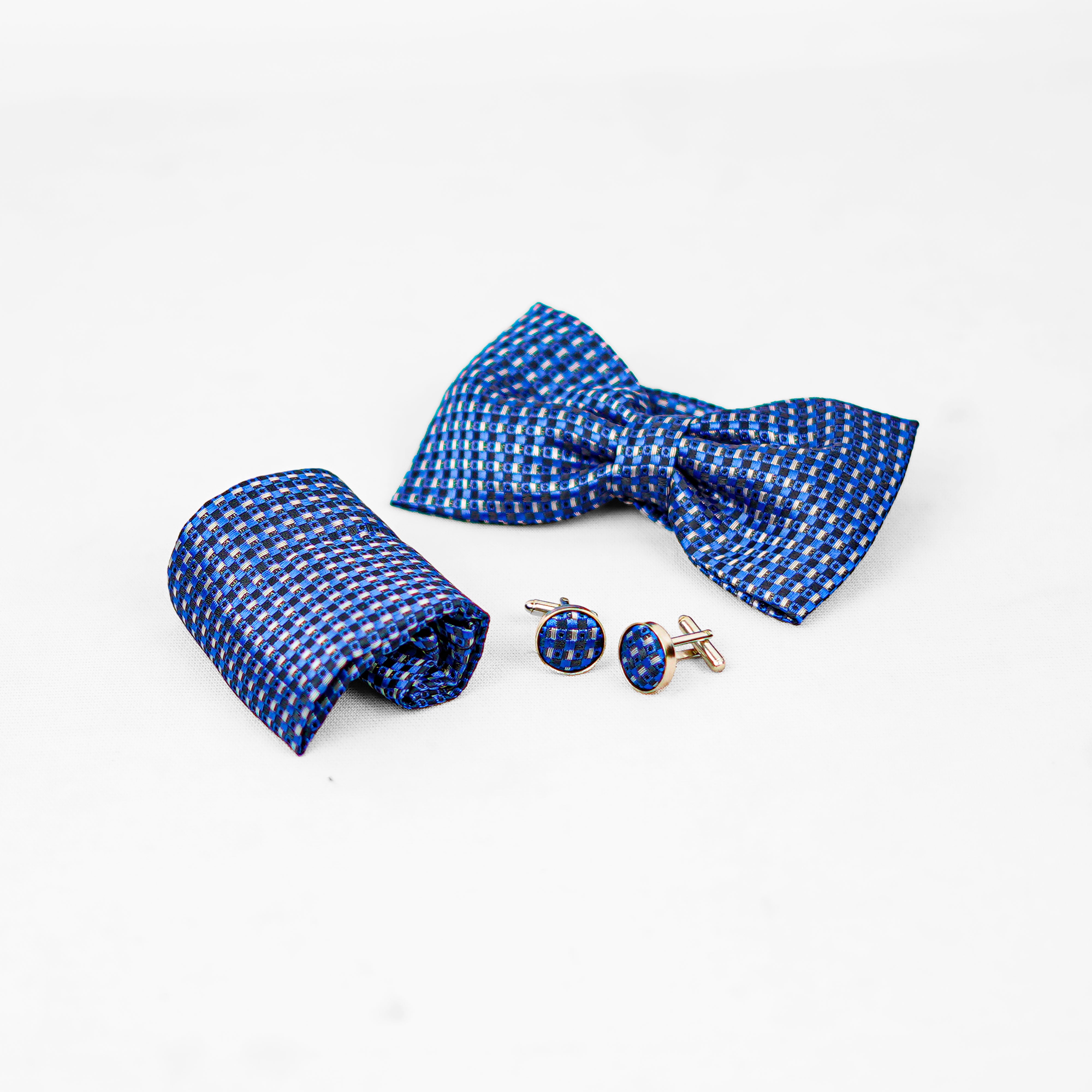 Lyxig Blå Rutmönstrad Fluga & Manschettknappar – Presentbox (3-delar)