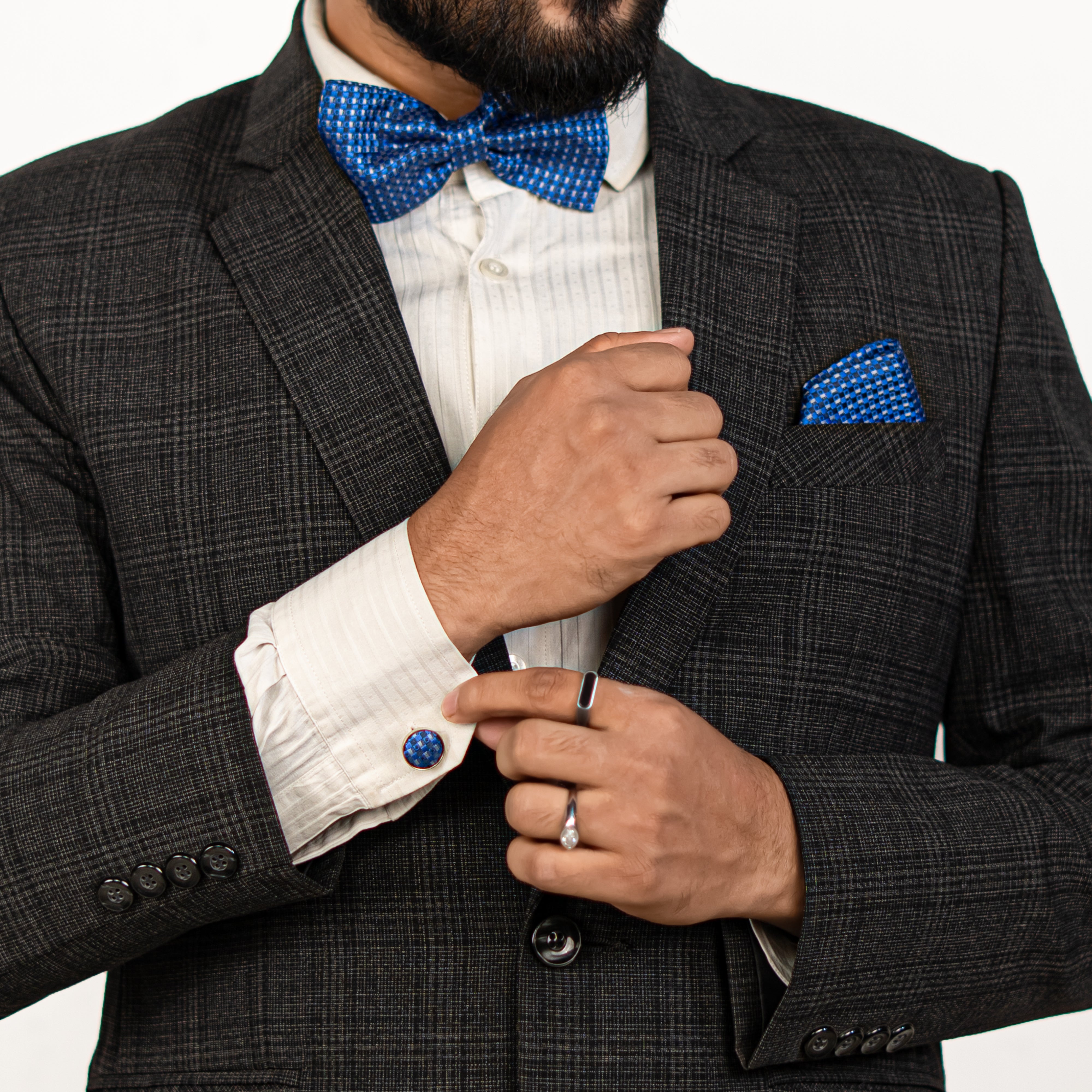 Lyxig Blå Rutmönstrad Fluga & Manschettknappar – Presentbox (3-delar)