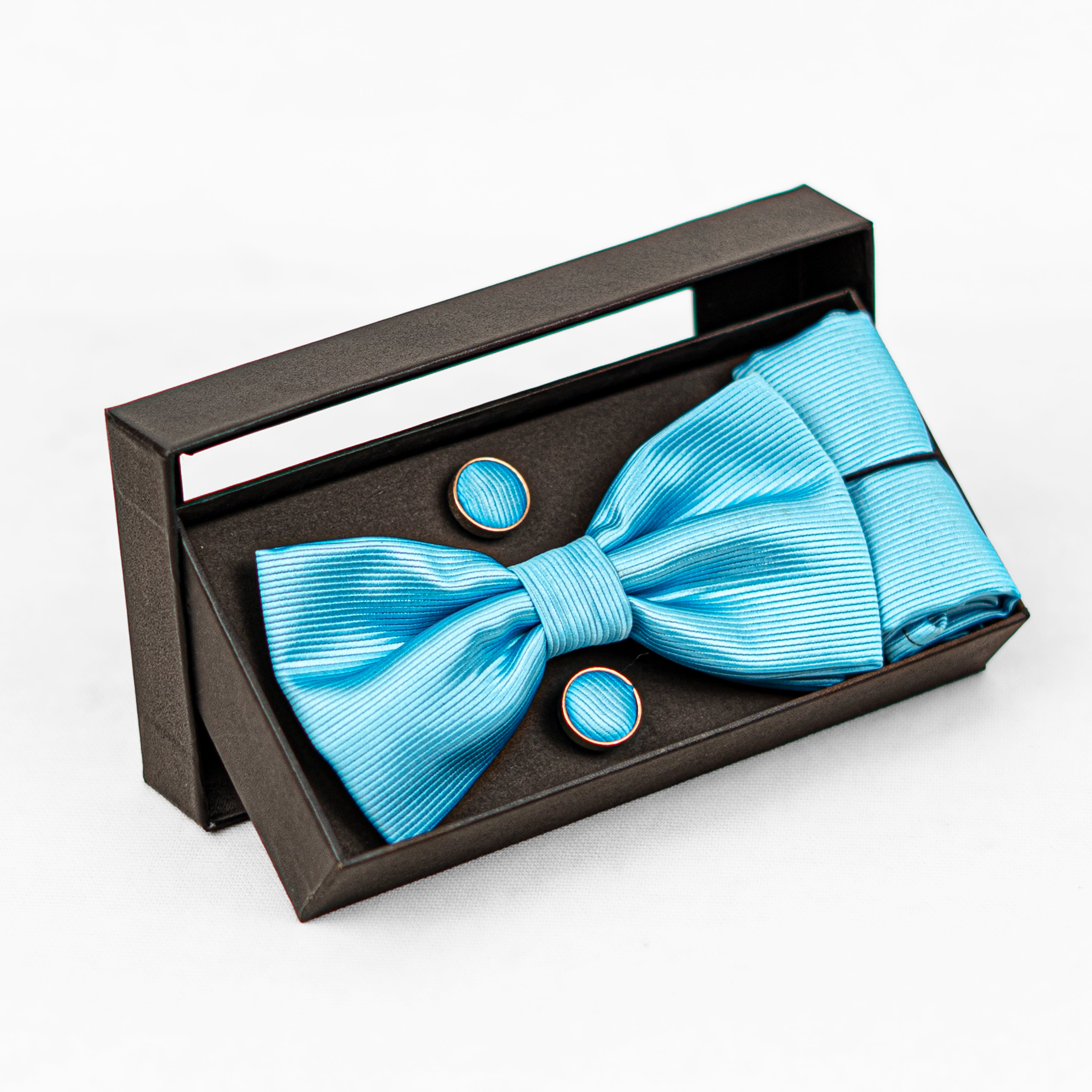 Lyxig Ljusblå Randig Fluga & Manschettknappar – Presentbox (3-delar)