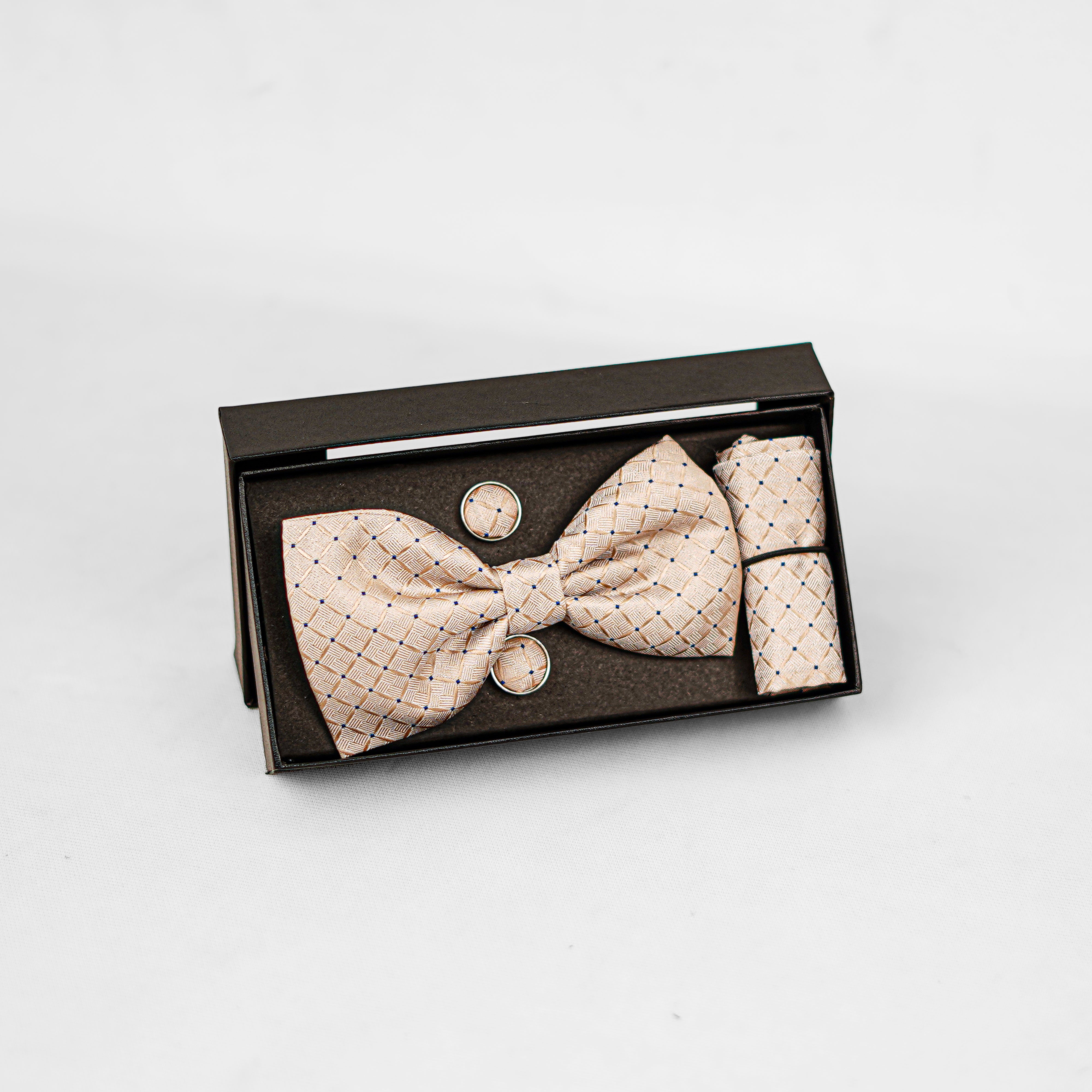 Lyxig Beige Rutmönstrad Fluga & Manschettknappar – Presentbox (3-delar)