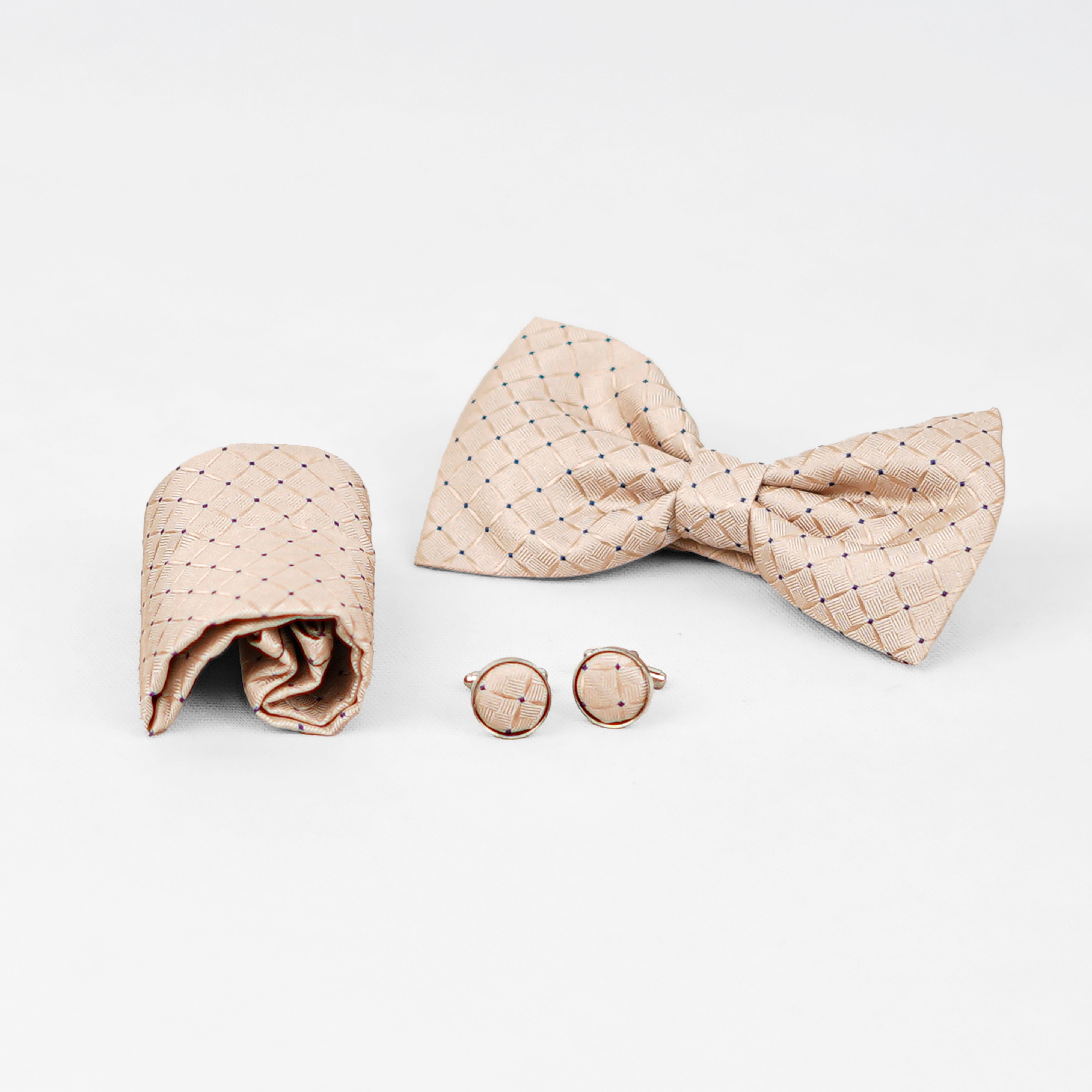 Lyxig Beige Rutmönstrad Fluga & Manschettknappar – Presentbox (3-delar)