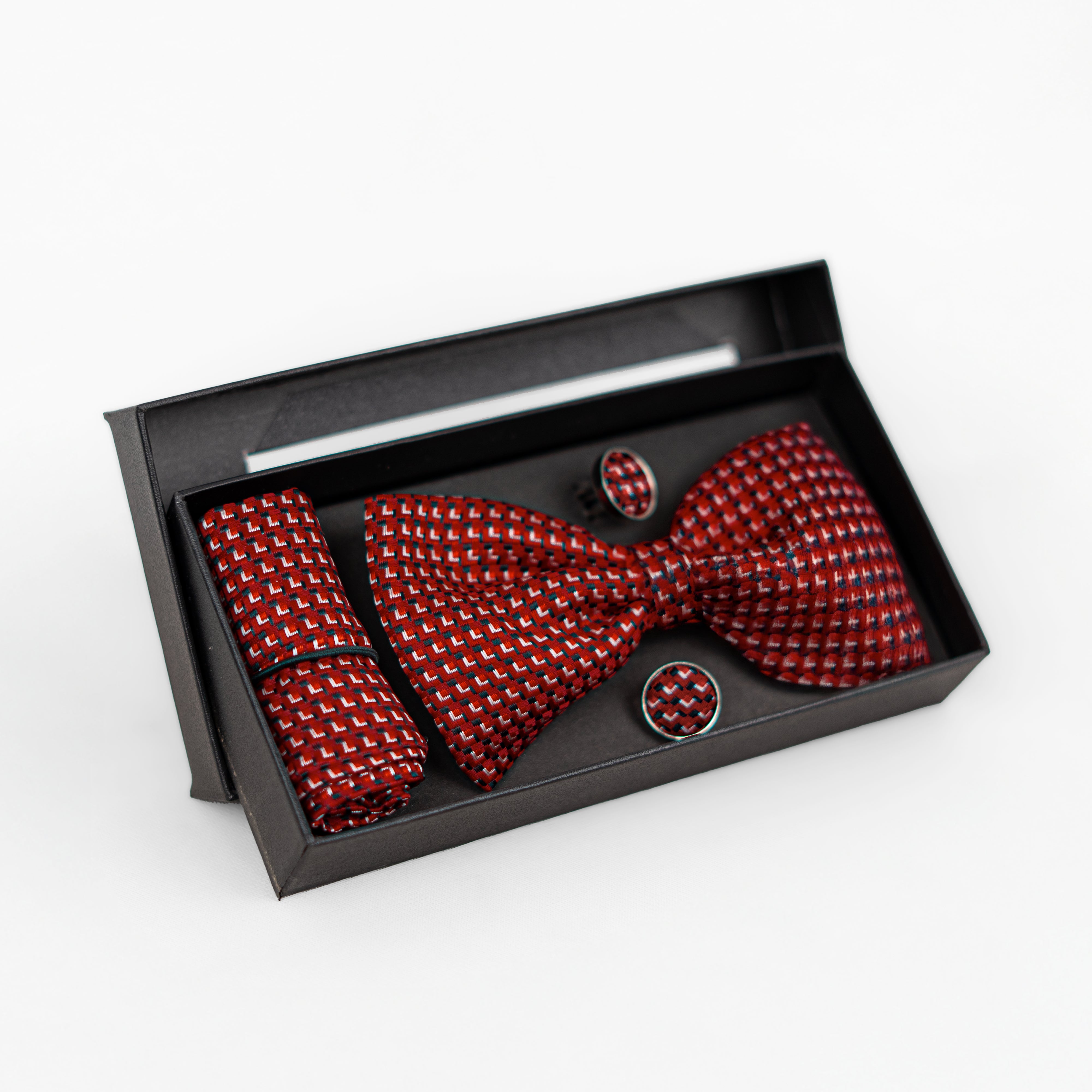 Lyxig Röd Rutmönstrad Fluga & Manschettknappar – Presentbox (3-delar)