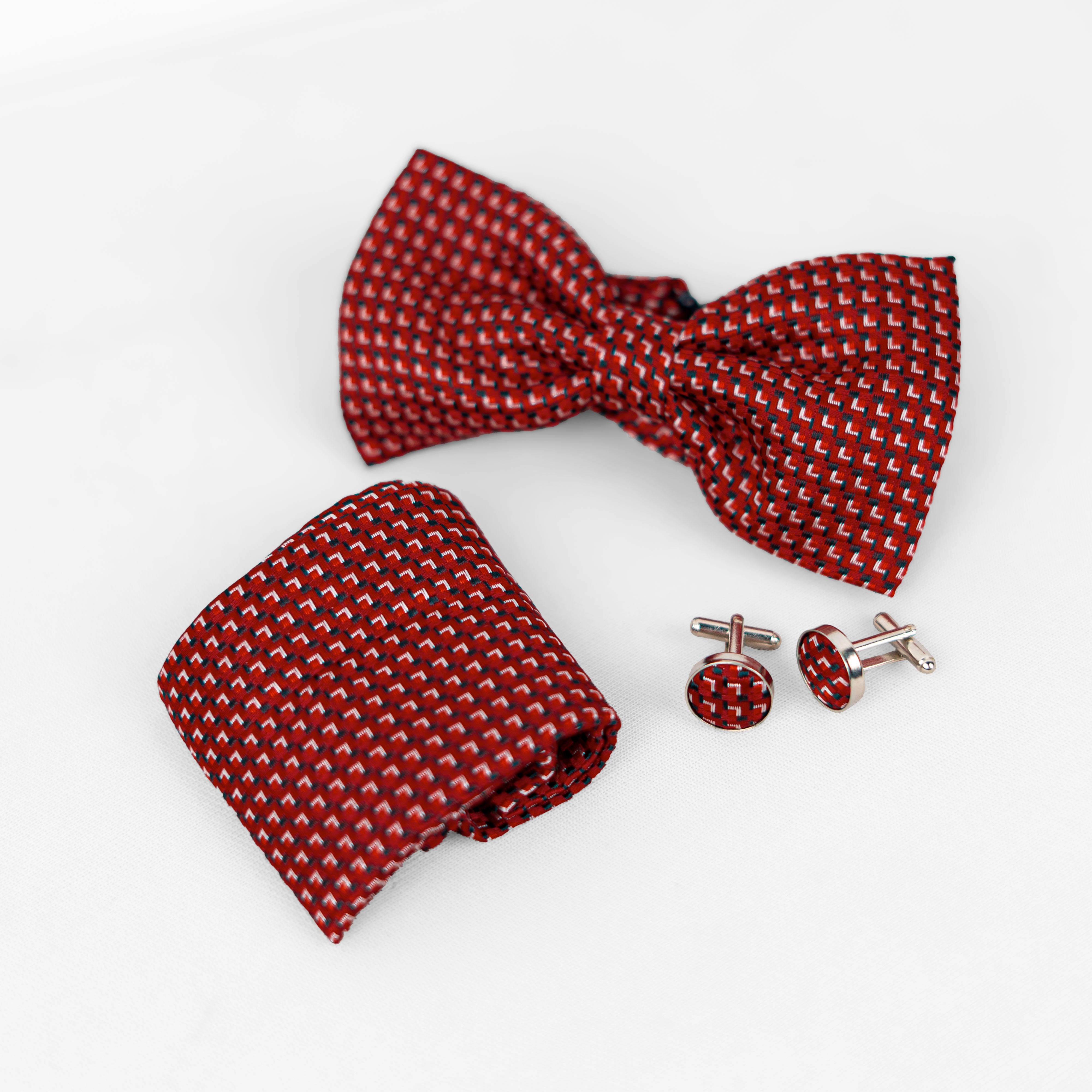 Lyxig Röd Rutmönstrad Fluga & Manschettknappar – Presentbox (3-delar)