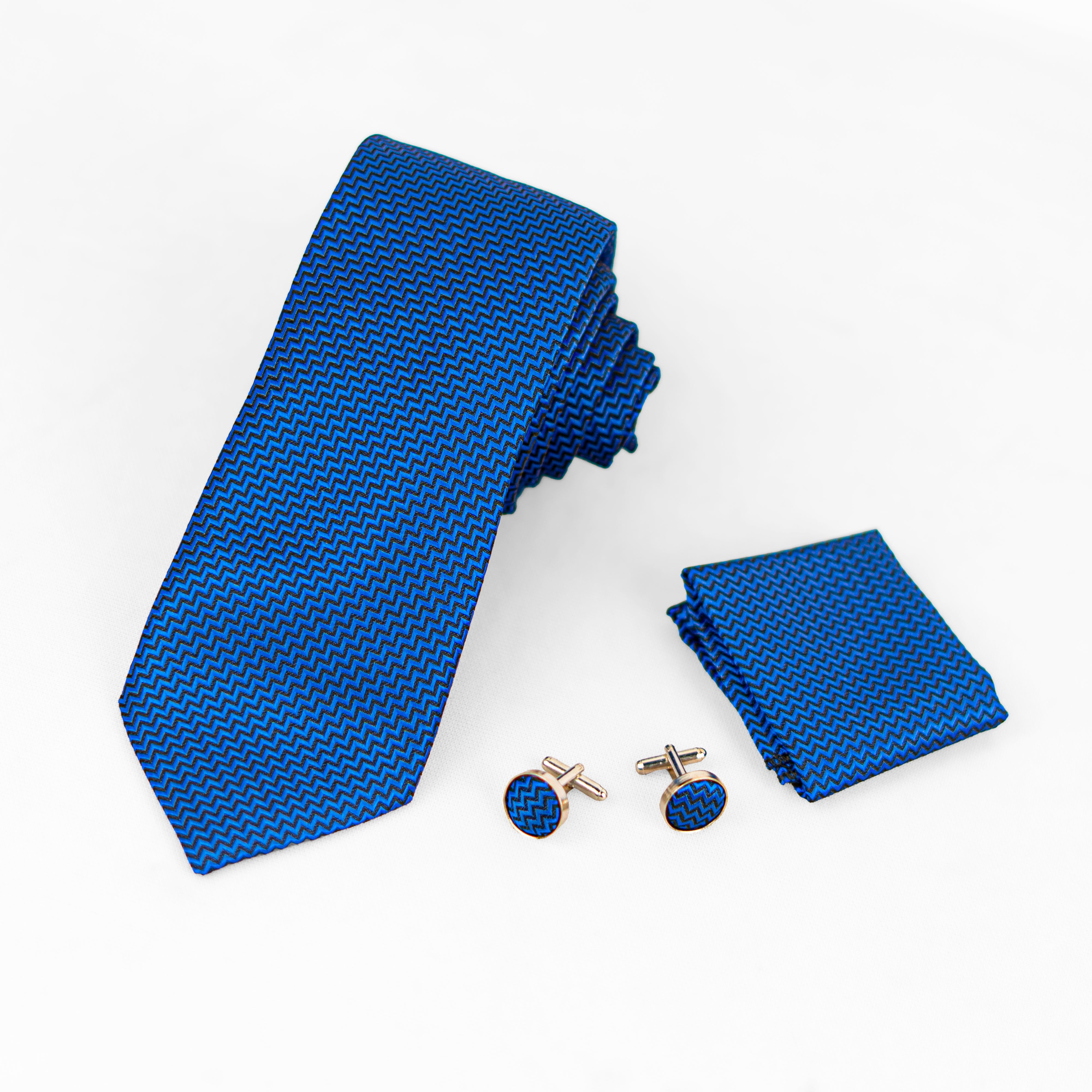 Lyxig Blå Zigzag Slips & Manschettknappar – Presentbox (3-delar)