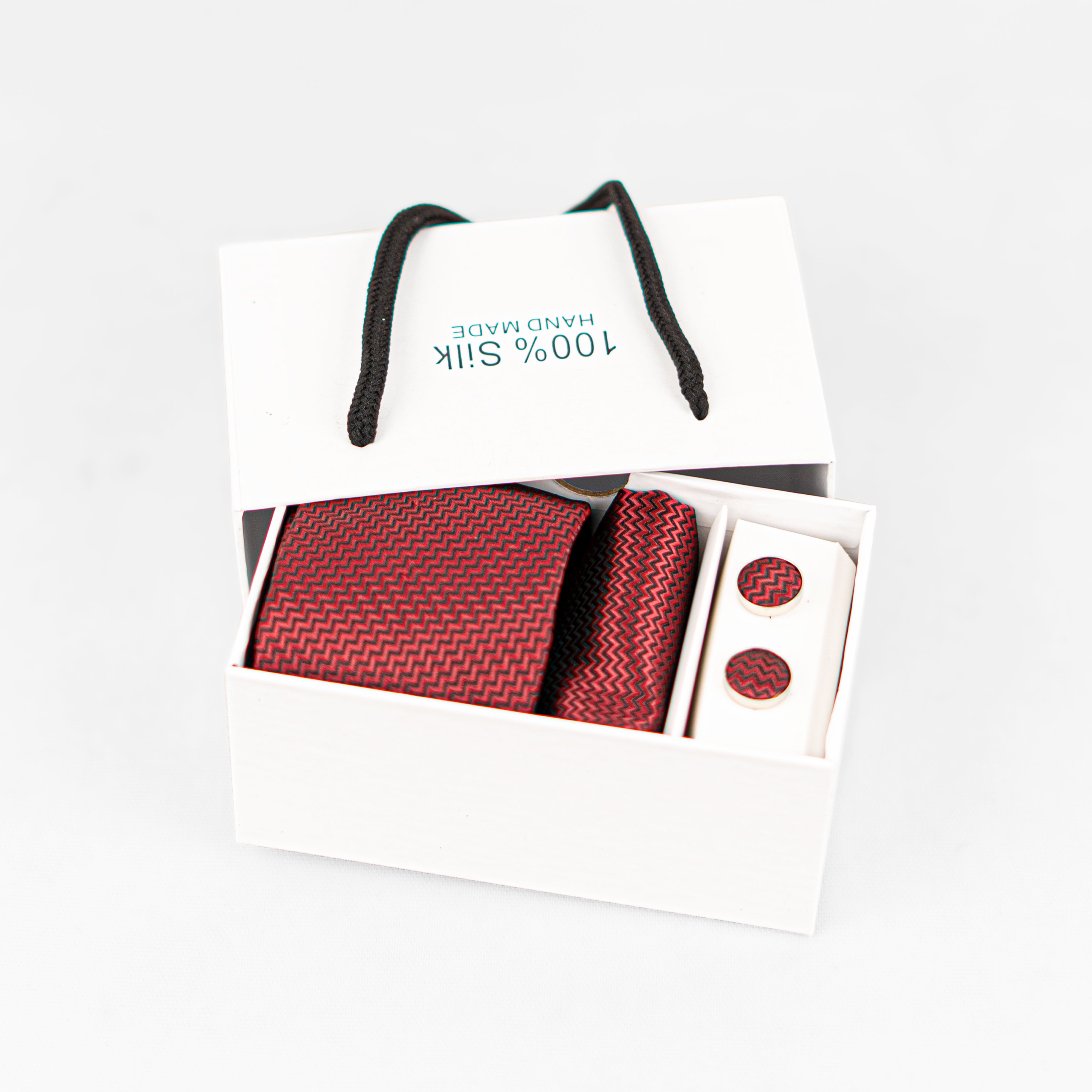 Lyxig Röd Zigzag Slips & Manschettknappar – Presentbox (3-delar)