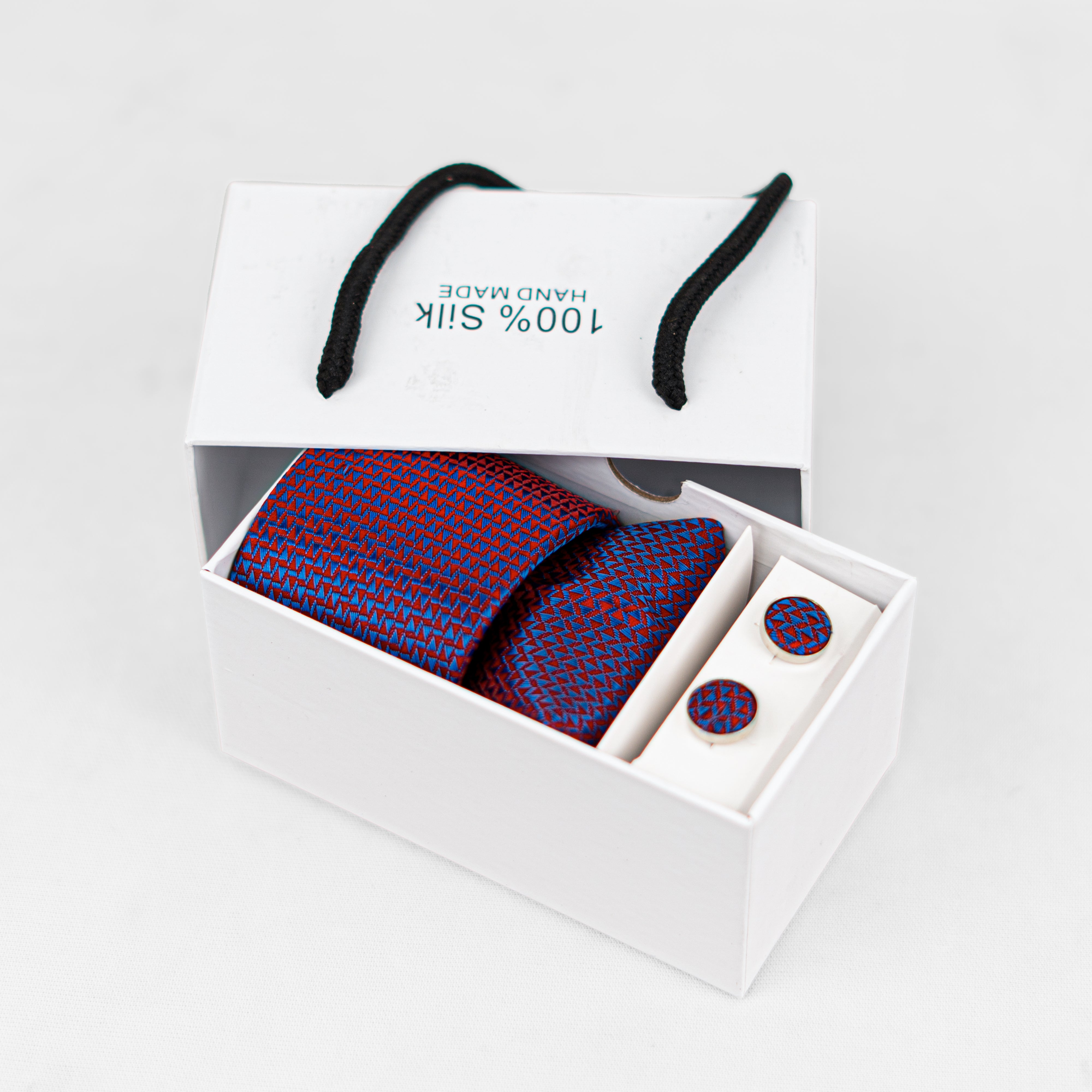 Lyxig Röd-Blå Geometrisk Slips & Manschettknappar – Presentbox (3-delar)