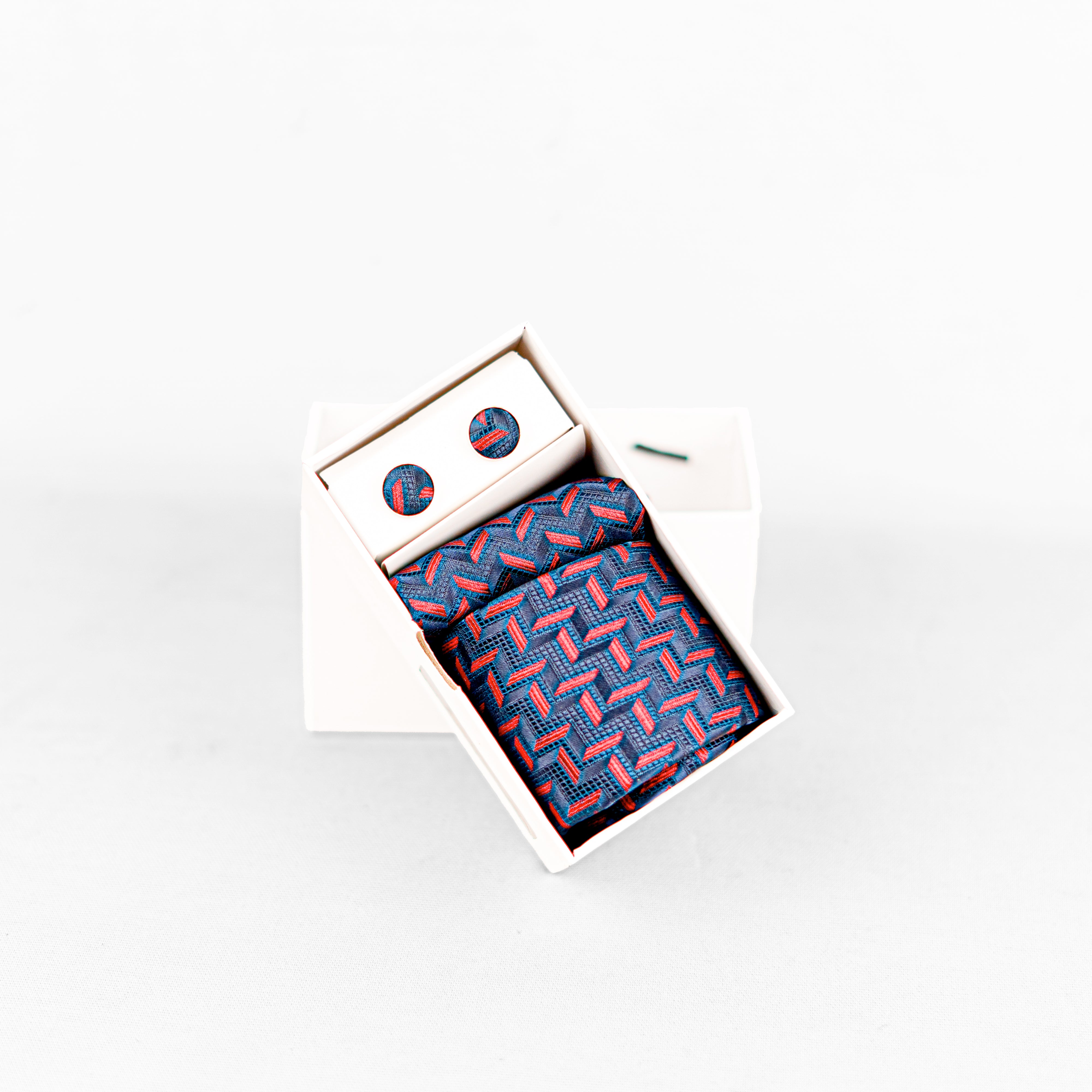 Lyxig Marinblå-Röd Geometrisk Slips & Manschettknappar – Presentbox (3-delar)