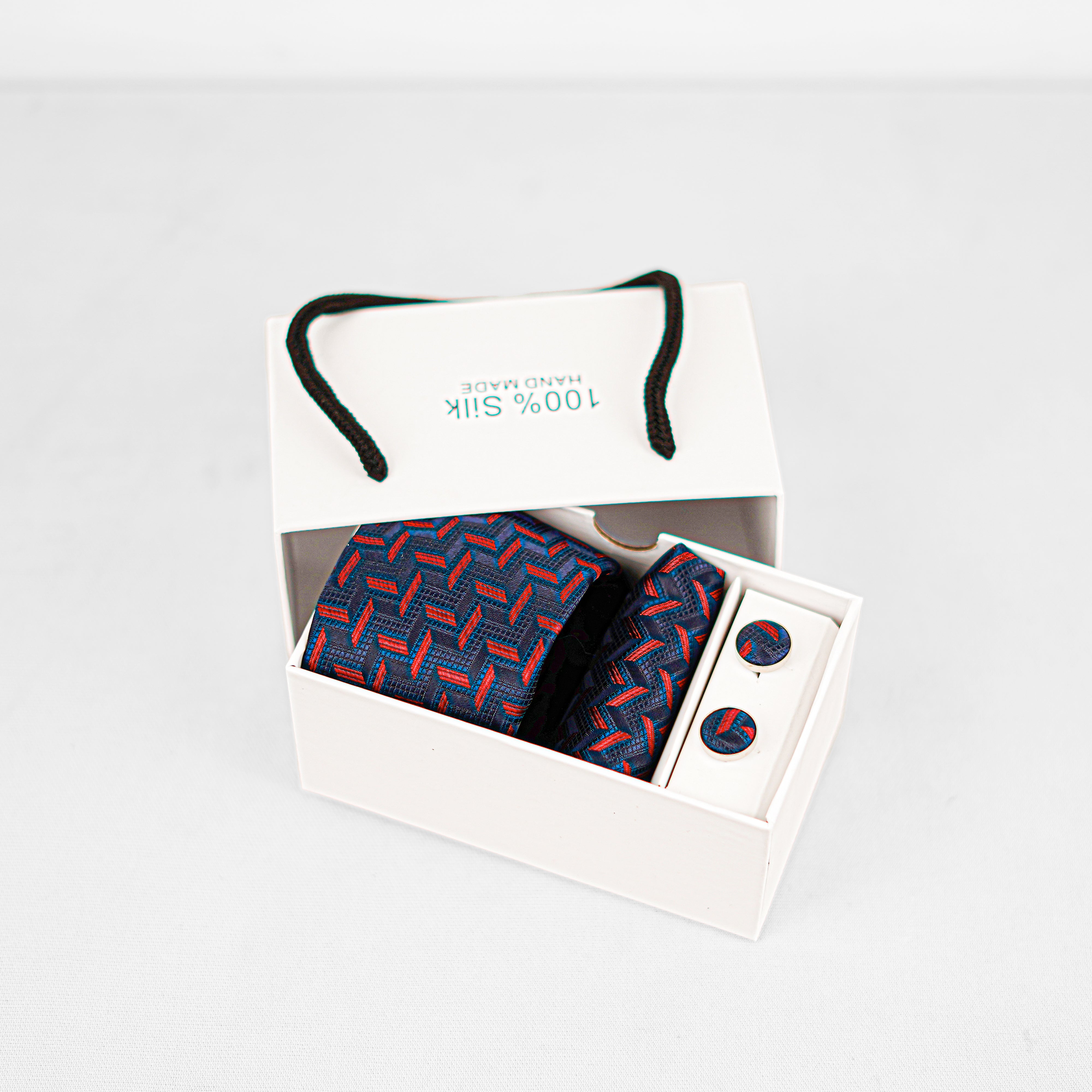 Lyxig Marinblå-Röd Geometrisk Slips & Manschettknappar – Presentbox (3-delar)