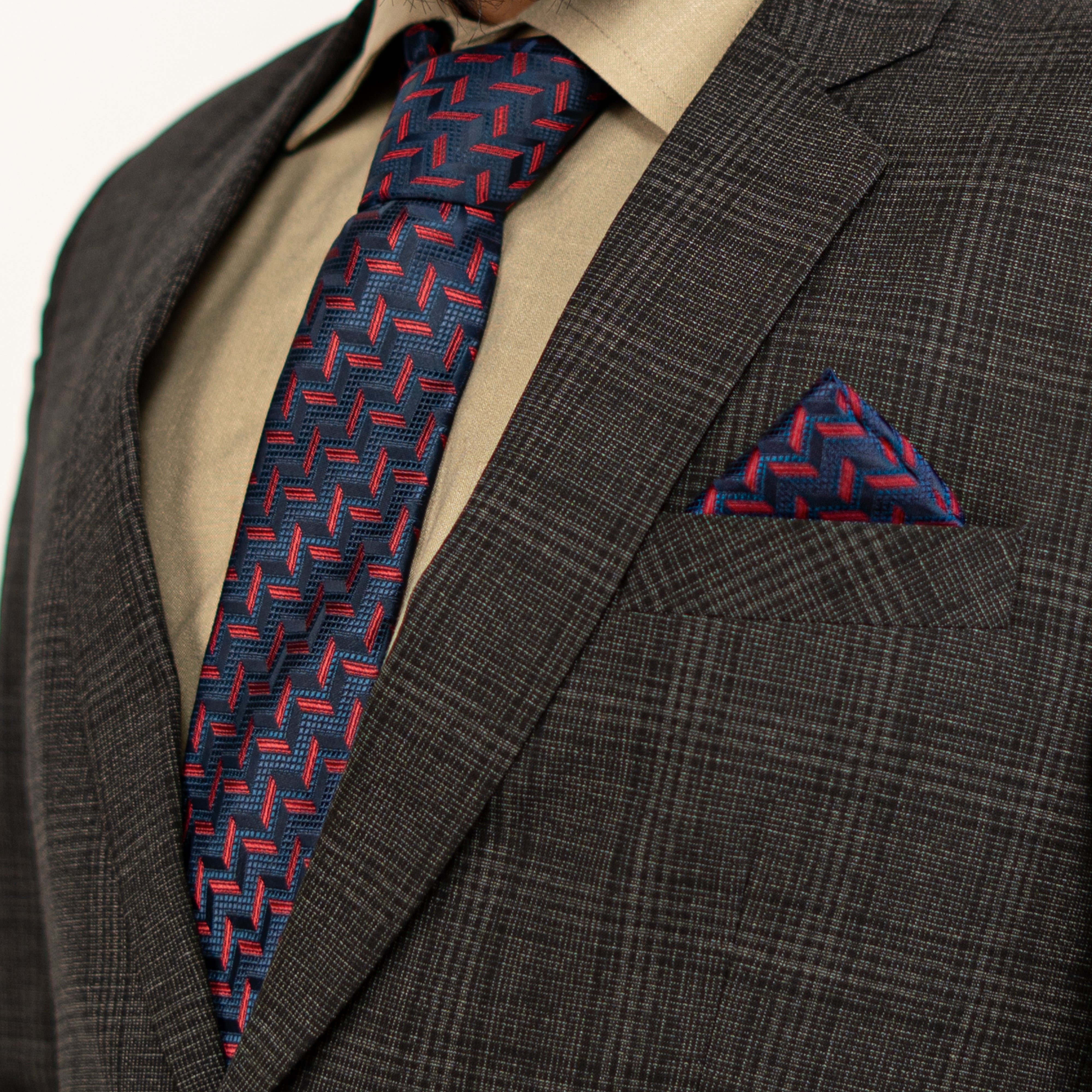 Lyxig Marinblå-Röd Geometrisk Slips & Manschettknappar – Presentbox (3-delar)