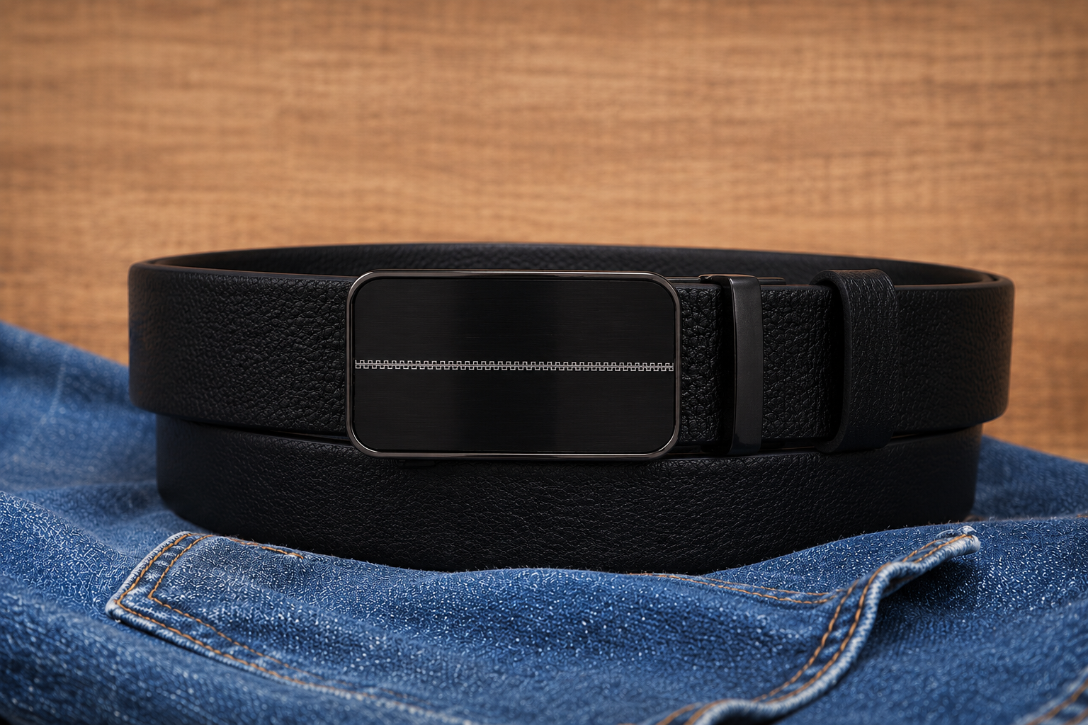 Levarel Freipons Nattlinje svart ratchetbälte tillsammans med jeans