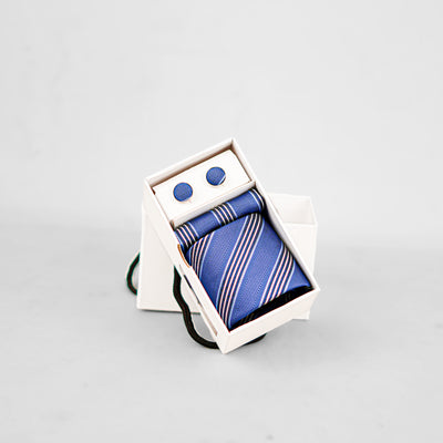 Luxury Blue Striped Tie & Cufflinks – Gift Box (3-Piece Set)