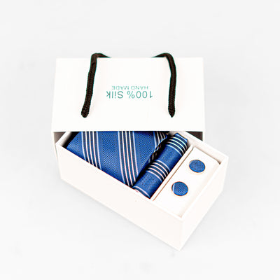 Luxury Blue Striped Tie & Cufflinks – Gift Box (3-Piece Set)