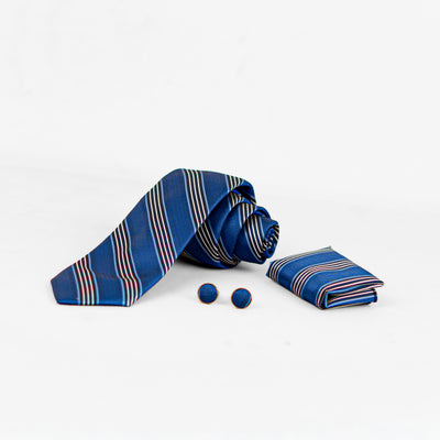 Luxury Blue Striped Tie & Cufflinks – Gift Box (3-Piece Set)