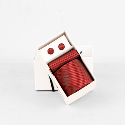 Luxury Red Textured Tie & Cufflinks – Gift Box (3-Piece Set)