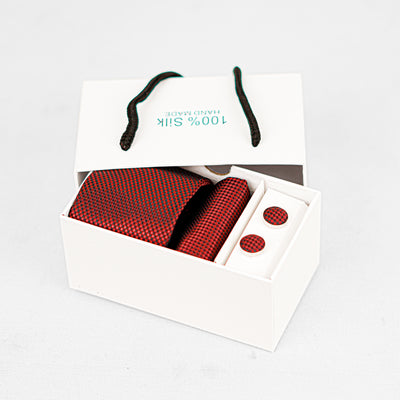 Luxury Red Textured Tie & Cufflinks – Gift Box (3-Piece Set)