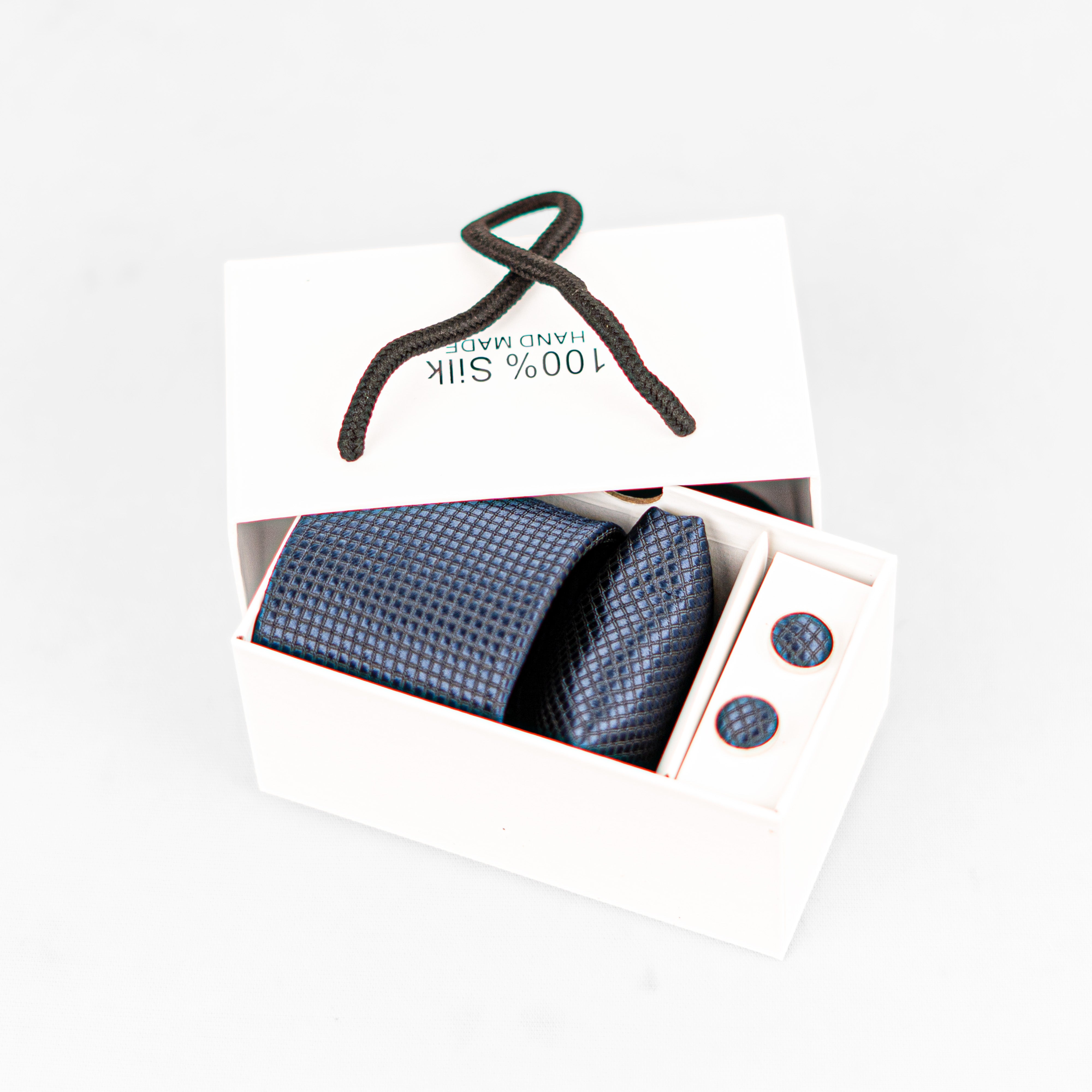 Lyxig Marinblå Texturerad Slips & Manschettknappar – Presentbox (3-delar)