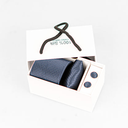 Lyxig Marinblå Texturerad Slips & Manschettknappar – Presentbox (3-delar)