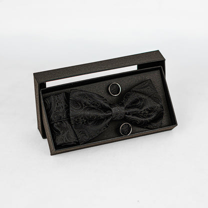 Lyxig Svart Paisley Fluga & Manschettknappar – Presentbox (3-delar)