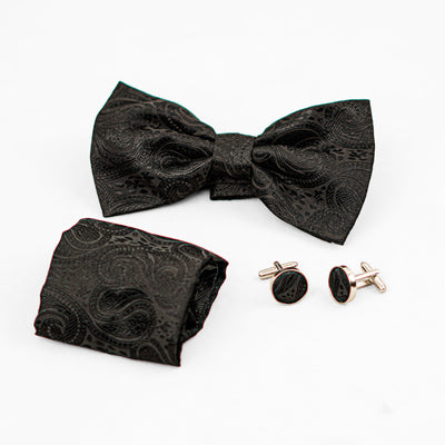 Luxury Black Paisley Bow Tie & Cufflinks – Gift Box (3-Piece Set)

