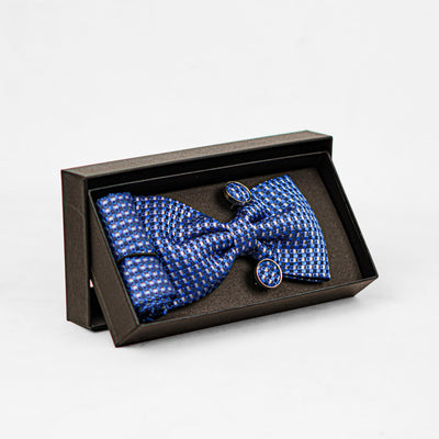 Luxury Blue Checkered Bow Tie & Cufflinks – Gift Box (3-Piece Set)