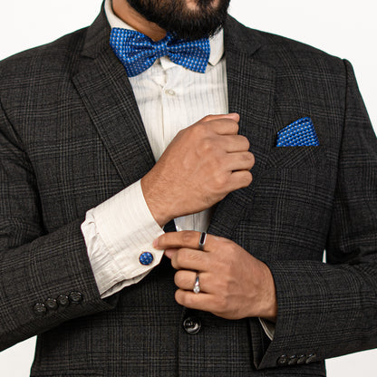 Lyxig Blå Rutmönstrad Fluga & Manschettknappar – Presentbox (3-delar)