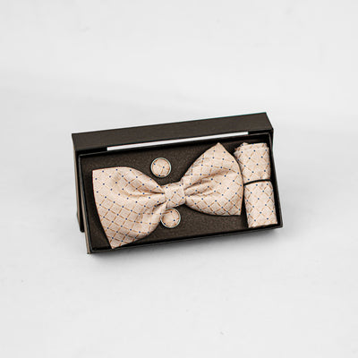 Luxury Beige Checkered Bow Tie & Cufflinks – Gift Box (3-Piece Set)