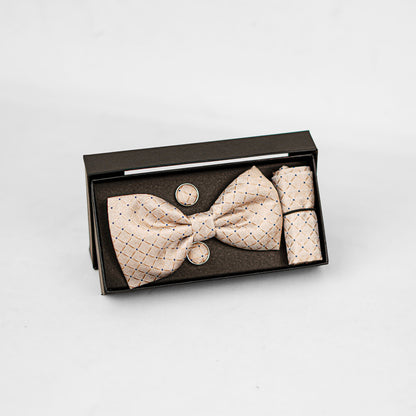 Lyxig Beige Rutmönstrad Fluga & Manschettknappar – Presentbox (3-delar)