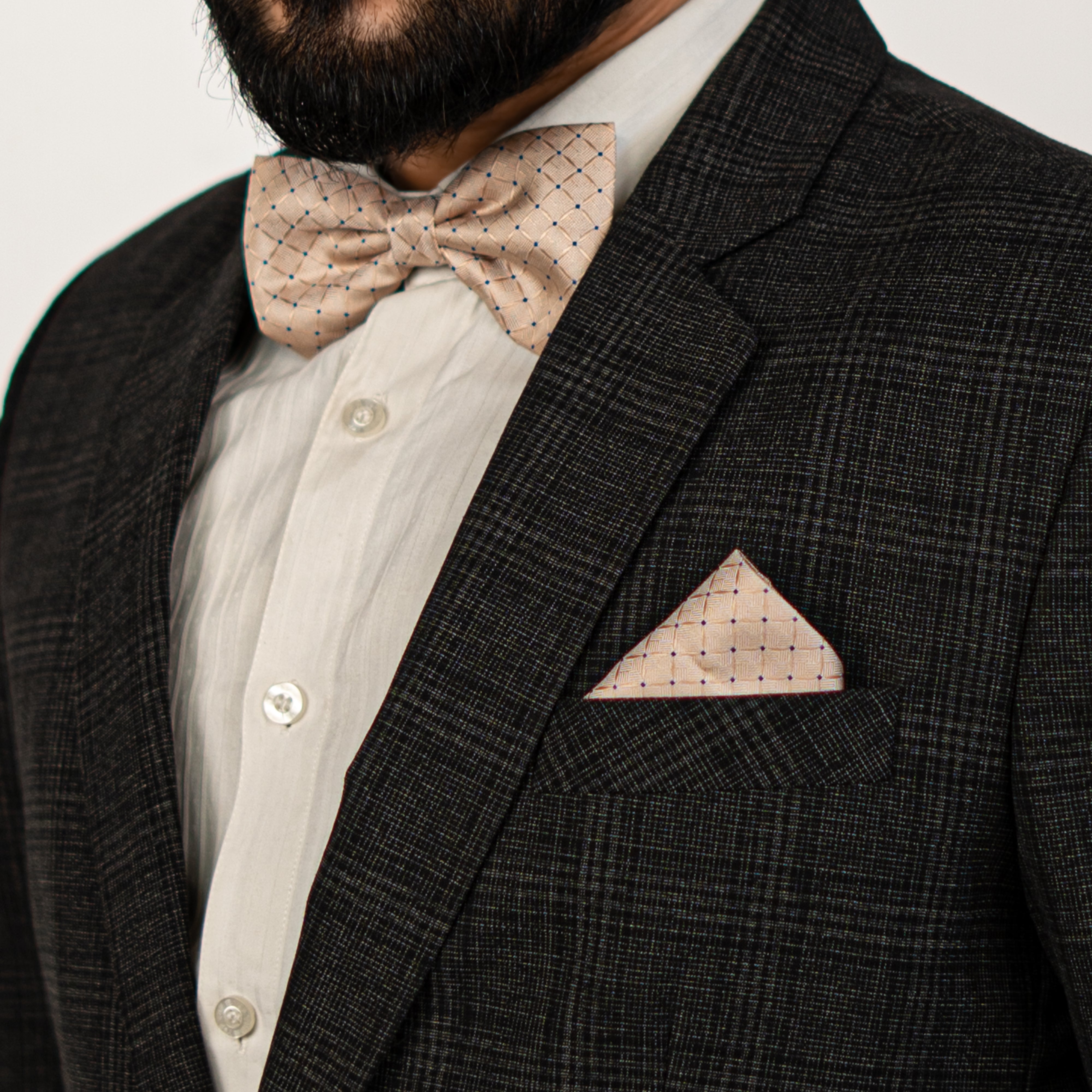 Lyxig Beige Rutmönstrad Fluga & Manschettknappar – Presentbox (3-delar)