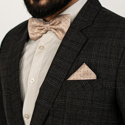 Lyxig Beige Rutmönstrad Fluga & Manschettknappar – Presentbox (3-delar)