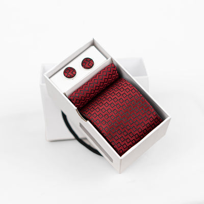 Luxury Red Textured Tie & Cufflinks – Gift Box (3-Piece Set)