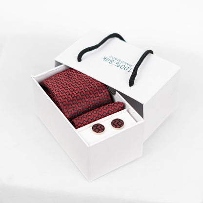 Lyxig Röd Geometrisk Slips & Manschettknappar – Presentbox (3-delar)