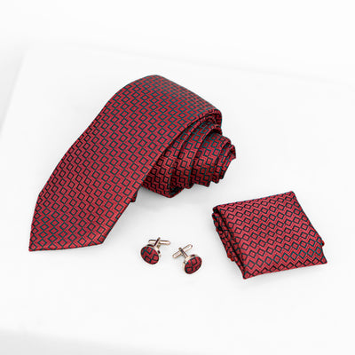 Luxury Red Textured Tie & Cufflinks – Gift Box (3-Piece Set)