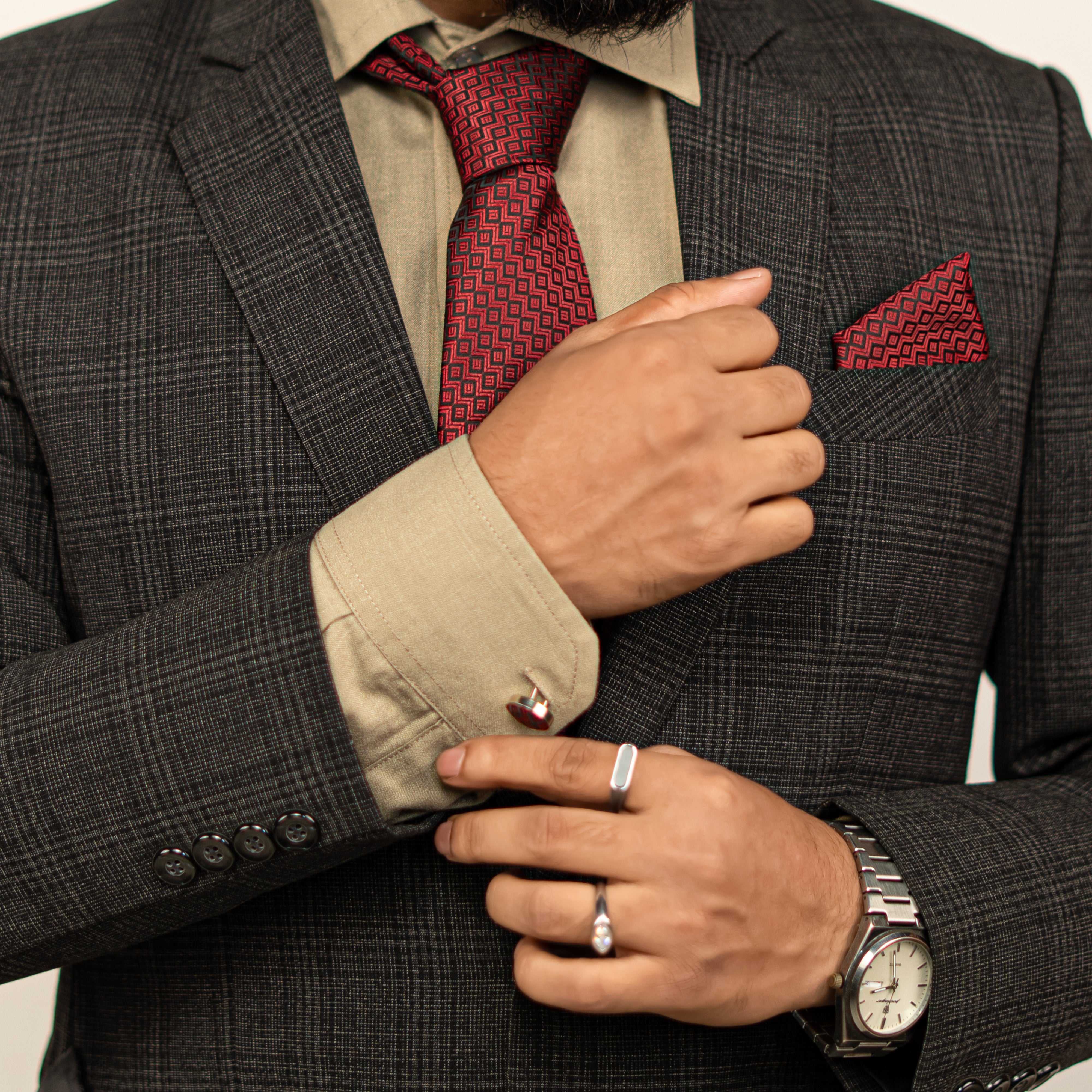 Lyxig Röd Geometrisk Slips & Manschettknappar – Presentbox (3-delar)