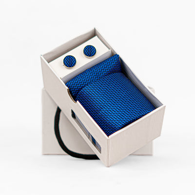 Luxury Blue Striped Tie & Cufflinks – Gift Box (3-Piece Set)