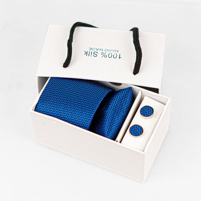 Luxury Blue Striped Tie & Cufflinks – Gift Box (3-Piece Set)