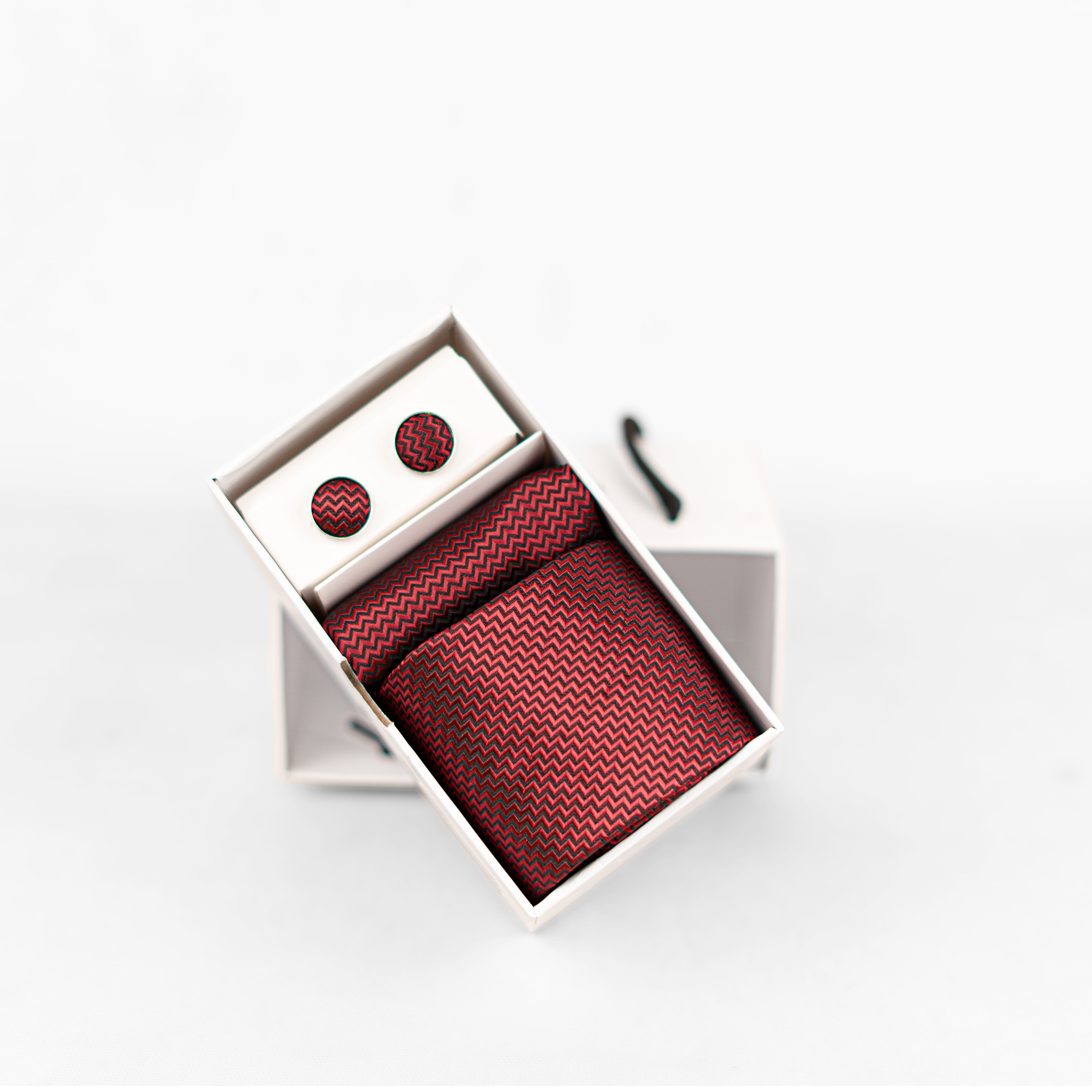 Lyxig Röd Zigzag Slips & Manschettknappar – Presentbox (3-delar)