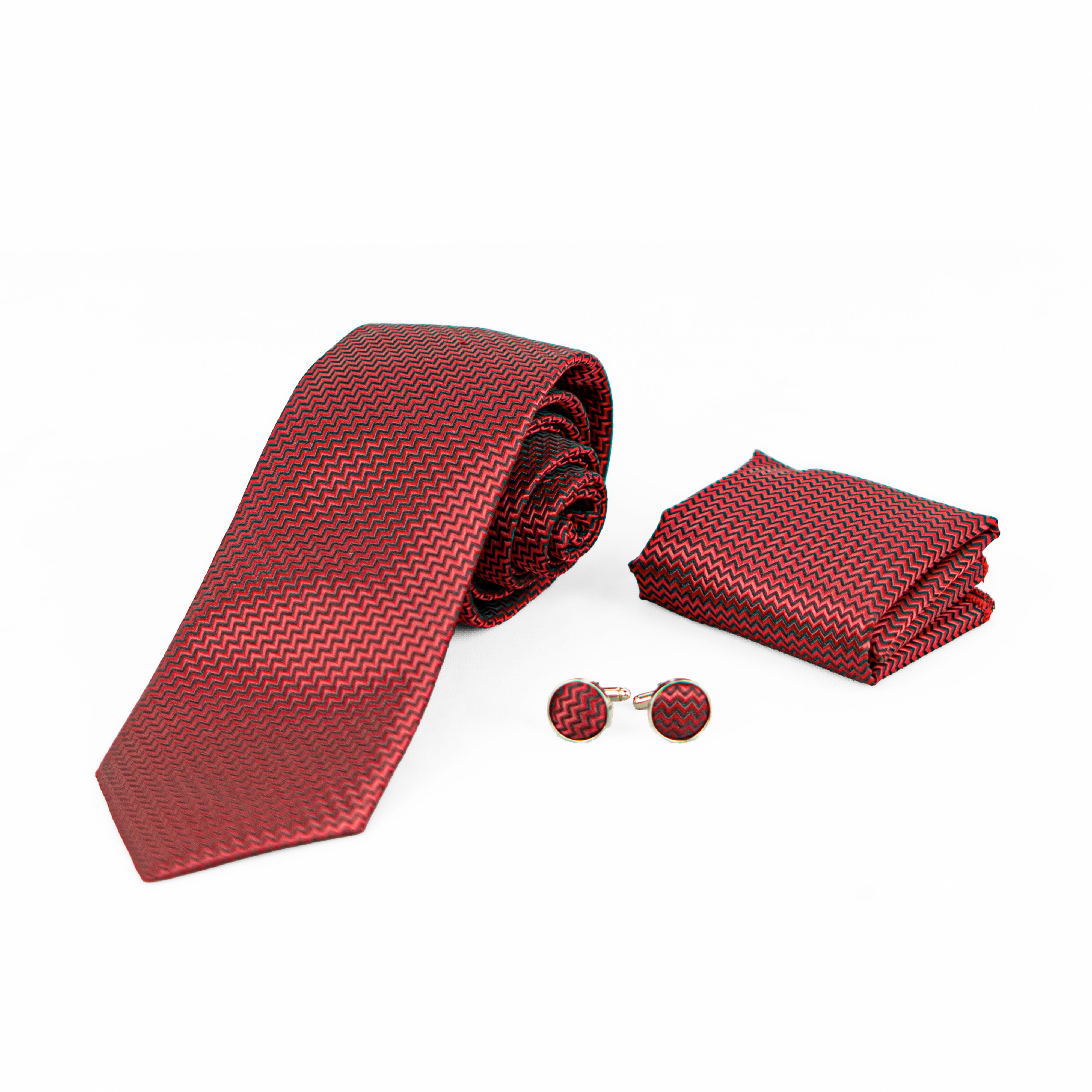 Lyxig Röd Zigzag Slips & Manschettknappar – Presentbox (3-delar)