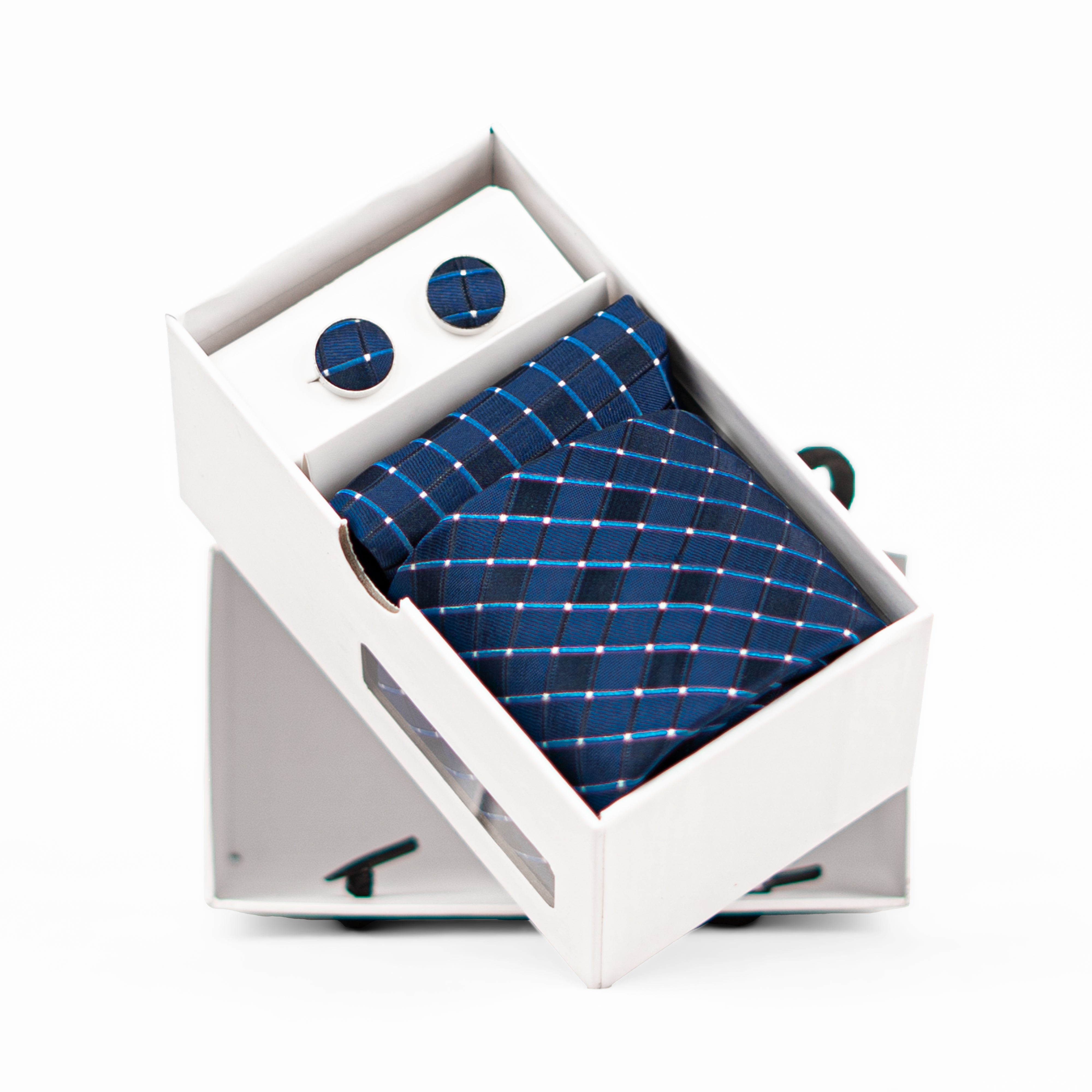 Lyxig Marinblå Rutmönstrad Slips & Manschettknappar – Presentbox (3-delar)