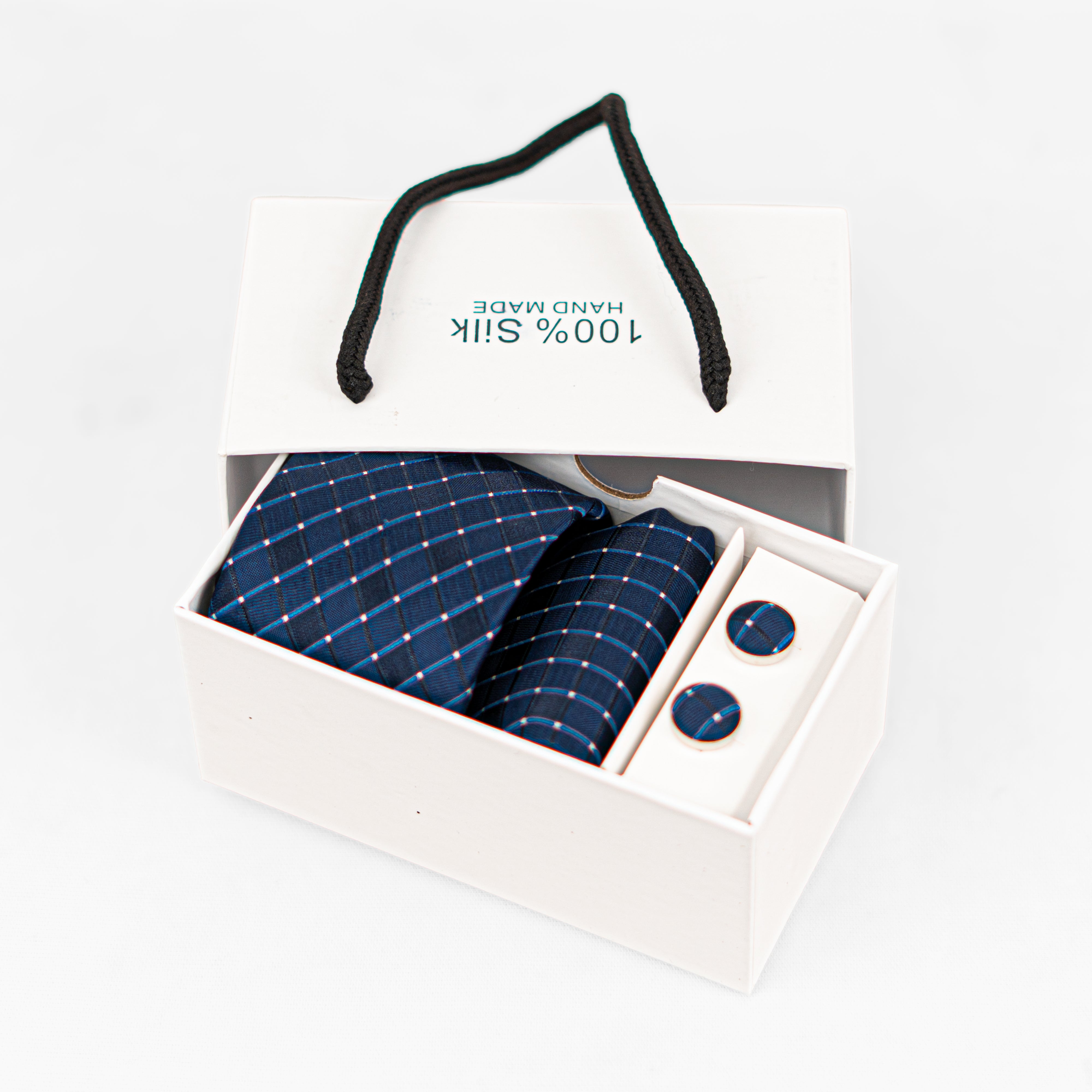 Lyxig Marinblå Rutmönstrad Slips & Manschettknappar – Presentbox (3-delar)