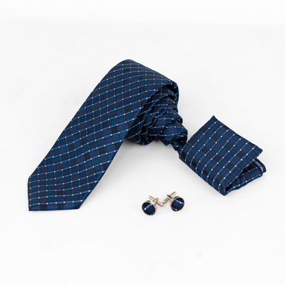 Lyxig Marinblå Rutmönstrad Slips & Manschettknappar – Presentbox (3-delar)