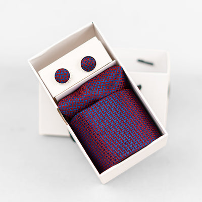Luxury Red-Blue Geometric Tie & Cufflinks – Gift Box (3-Piece Set)