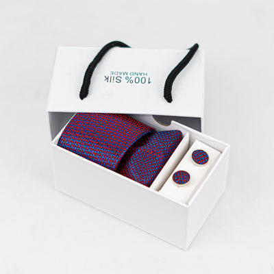 Luxury Red-Blue Geometric Tie & Cufflinks – Gift Box (3-Piece Set)