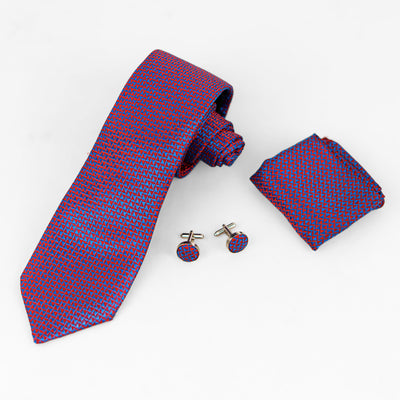 Luxury Red-Blue Geometric Tie & Cufflinks – Gift Box (3-Piece Set)