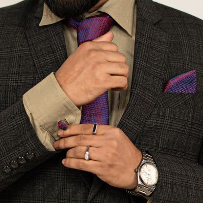 Luxury Red-Blue Geometric Tie & Cufflinks – Gift Box (3-Piece Set)