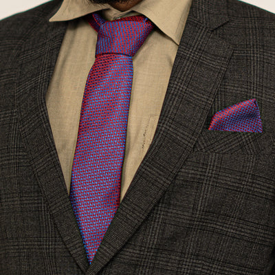 Luxury Red-Blue Geometric Tie & Cufflinks – Gift Box (3-Piece Set)