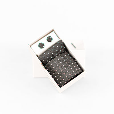 Luxury Black Geometric Tie & Cufflinks – Gift Box (3-Piece Set)