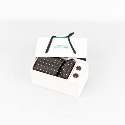 Luxury Black Geometric Tie & Cufflinks – Gift Box (3-Piece Set)